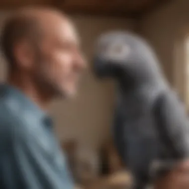 African Grey parrot interacting with its owner