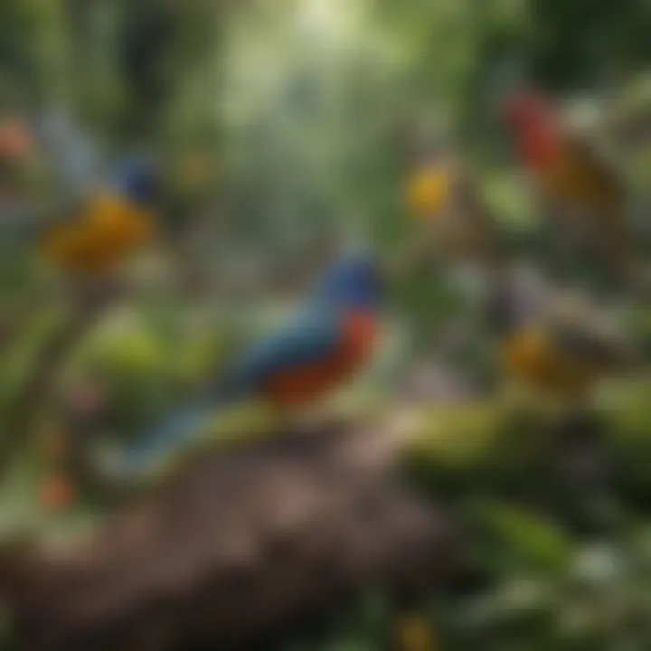 A group of colorful songbirds gathered in a lush garden.