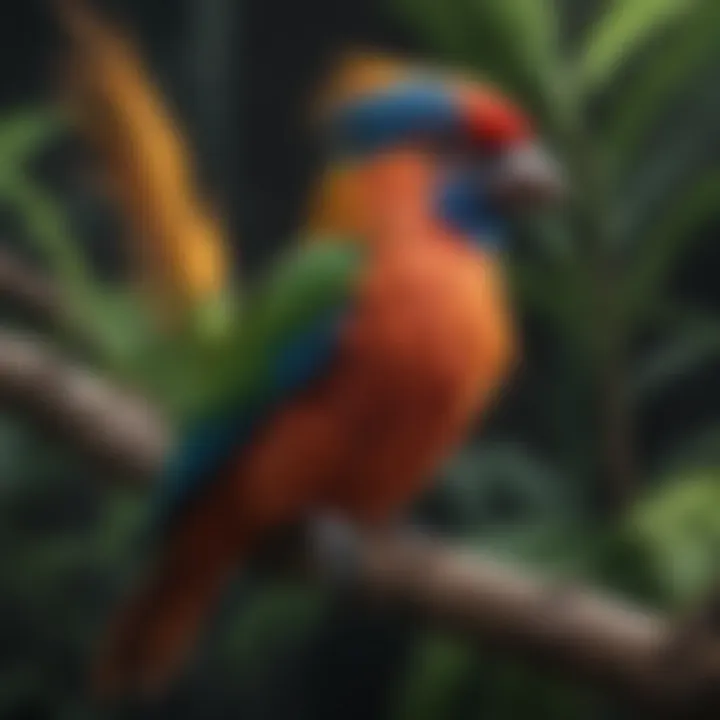 A vibrant plumage of a tropical bird perched on a branch.