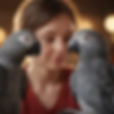 Child interacting with an African Grey Parrot stuffed toy, illustrating emotional connection