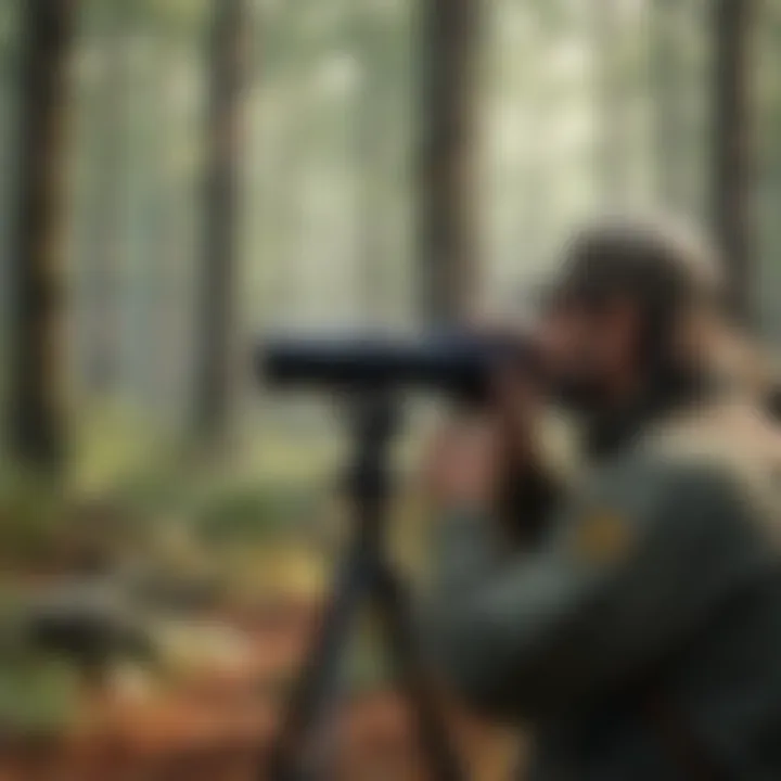 A tranquil scene depicting a birdwatcher observing birds in a forest.