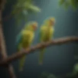 Colorful parakeets perched on a branch