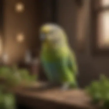 A colorful budgerigar in a spacious habitat, demonstrating the importance of environment.