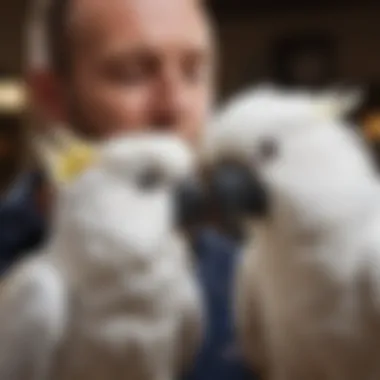 Cockatoo and Owner Bond A charming cockatoo interacting with its owner, highlighting the bond between them.