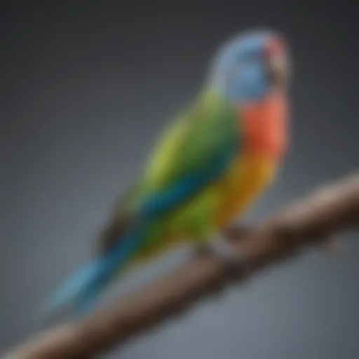 A vibrant parakeet perched on a branch, showcasing its colorful feathers and playful demeanor.