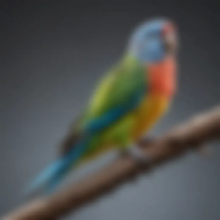 A vibrant parakeet perched on a branch, showcasing its colorful feathers and playful demeanor.