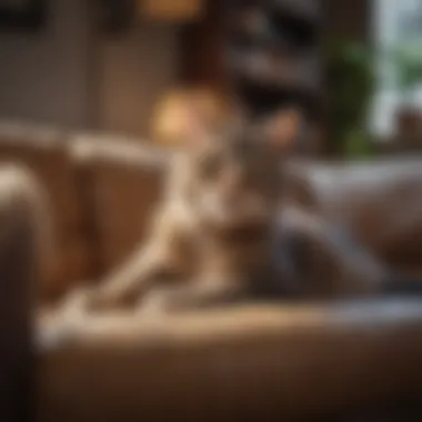 A cozy living room with a playful cat lounging on the couch