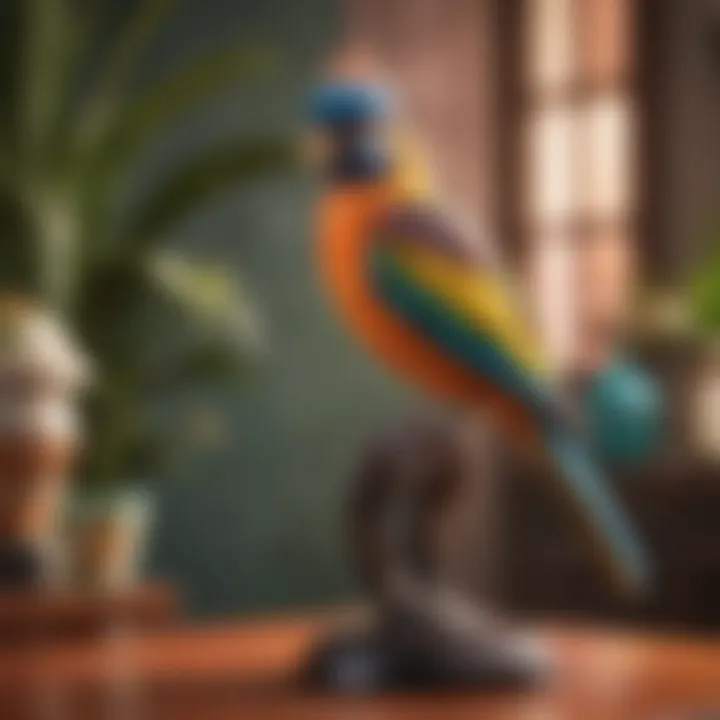 An exotic bird perched on a colorful playstand in a sunny room