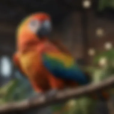 Vibrant Feathered Parrot A colorful parrot perched on a branch, showcasing its vibrant feathers.