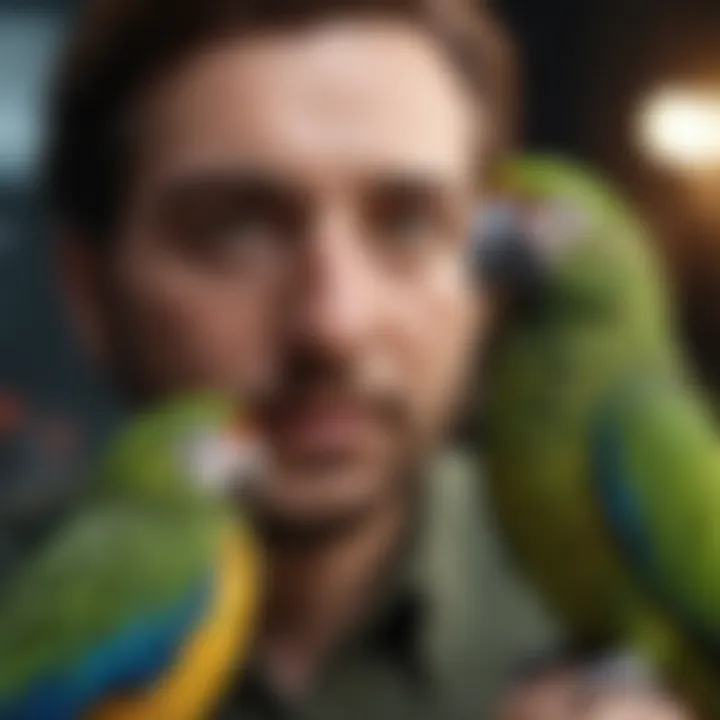 A parrot interacting with its owner, illustrating the bond between them.