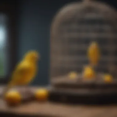 A thoughtfully arranged canary cage with natural elements and toys