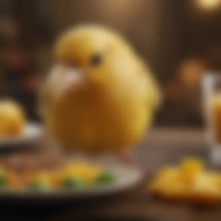 A close-up of a canary enjoying a nutritious meal, emphasizing its dietary needs