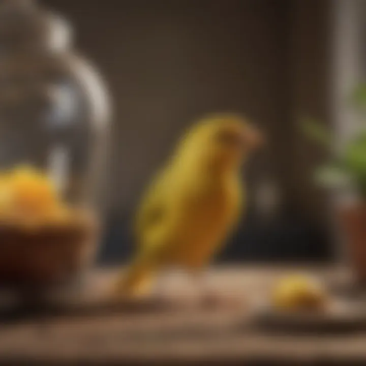 A serene scene of a canary interacting with its owner, highlighting their bond