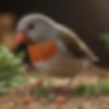 Close-up of zebra finch diet with seeds and greens