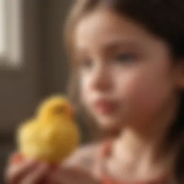 A child interacting joyfully with the chirping toy chick, showcasing emotional connection.