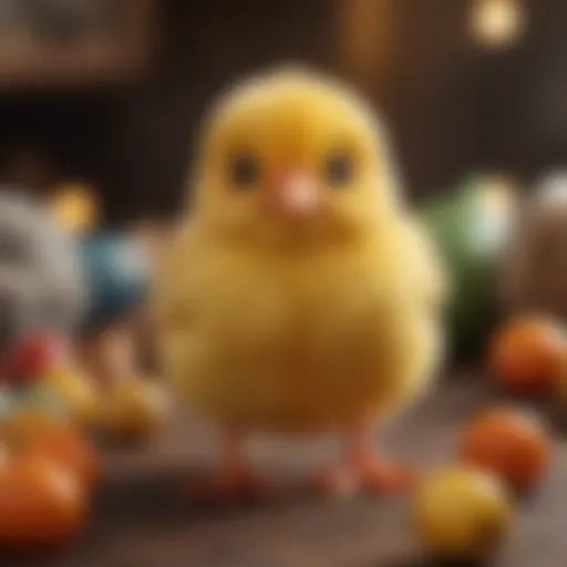 A close-up view of a chirping toy chick capturing its vibrant colors and features.