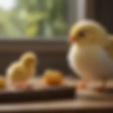 A serene scene of a pet observing the chirping toy chick, emphasizing the pet-owner relationship.