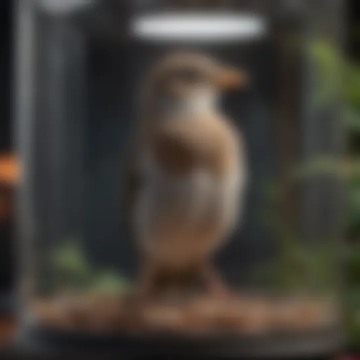 Bird happily perched inside an acrylic cage