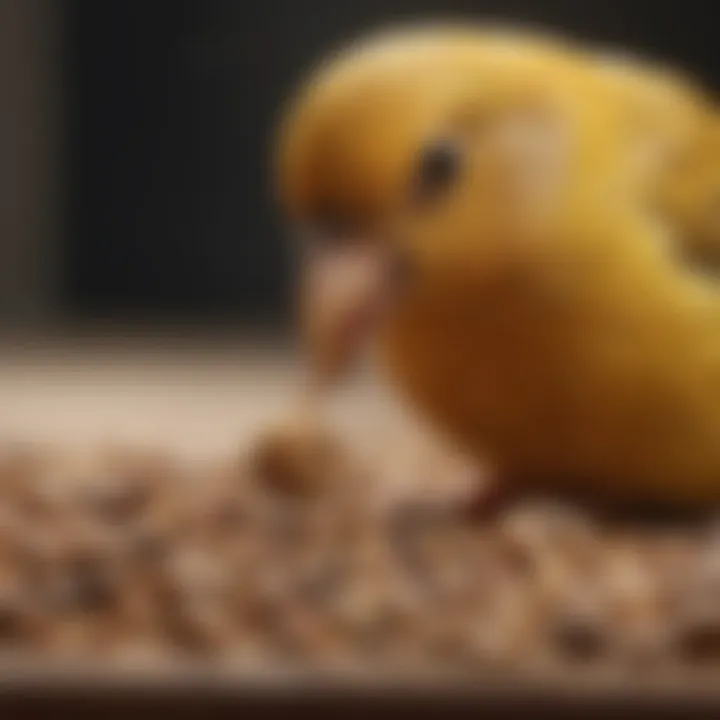 A close-up of a canary eating seeds, showcasing its dietary habits.