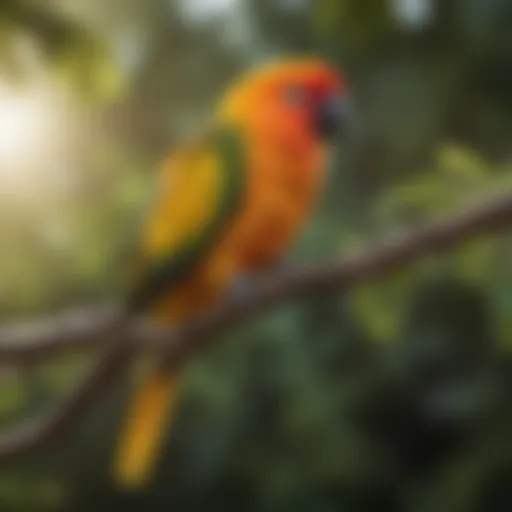 A vibrant Sun Conure perched on a branch, showcasing its bright feathers