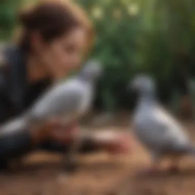 A person engaging in gentle training with their pet dove