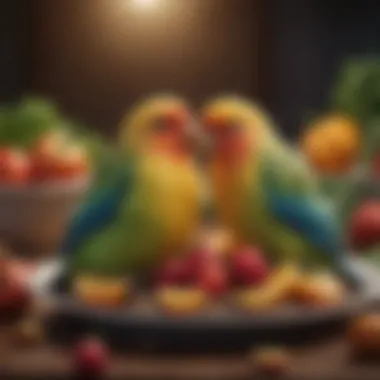 Fresh fruits and vegetables appealing to love birds