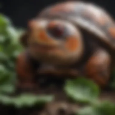 Close-up of red-footed tortoise eating leafy greens