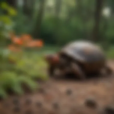 Red-footed tortoise enjoying a natural foraging environment