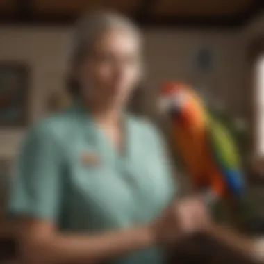 A caregiver interacting with a parrot in a home environment