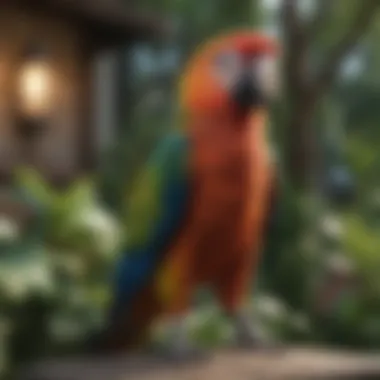 Parrot in a Serene Backyard A serene backyard setting with a parrot enjoying its surroundings