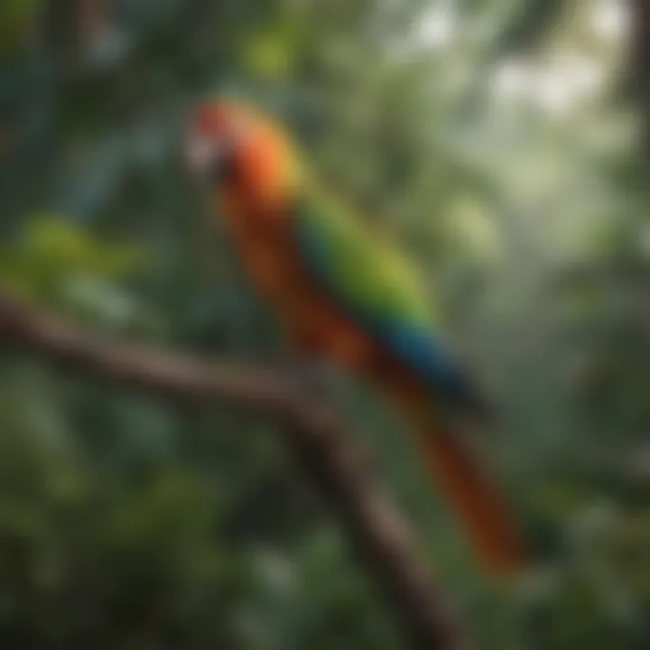 A vibrant parrot perched on a branch in a lush Florida landscape