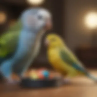 Curious Budgie Parakeet Engaging with a New Toy Budgie parakeet exploring a new toy