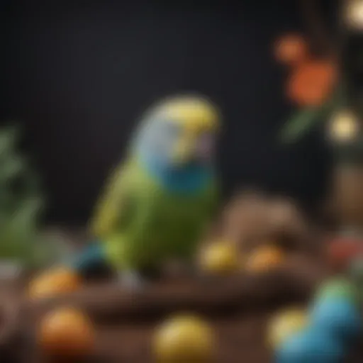 Colorful budgie parakeet toys arranged creatively