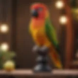 Colorful conure perched on a beautifully crafted stand