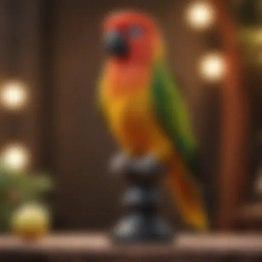 Colorful conure perched on a beautifully crafted stand