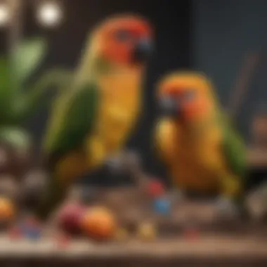 Conure engaging with toys on its stand, showcasing an interactive environment