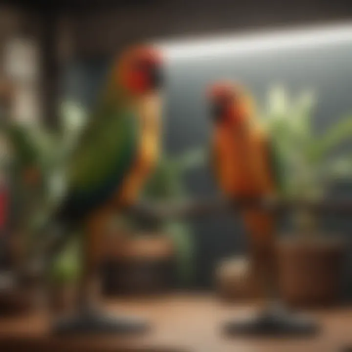 Different types of conure stands displayed in a well-lit room