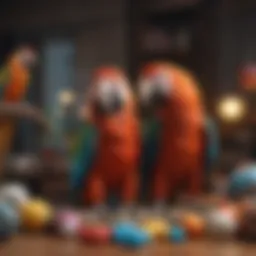 Colorful macaw engaging with a variety of toys
