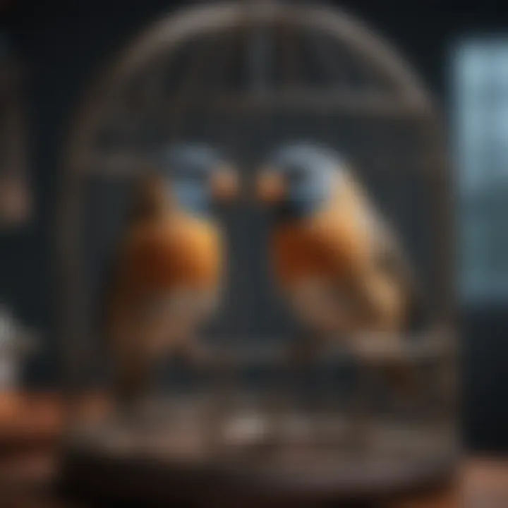 Essential accessories for bird cages including perches and toys