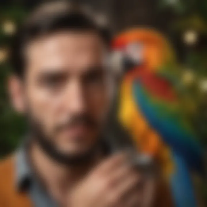 A person interacting with a macaw, highlighting the bond between pet and owner