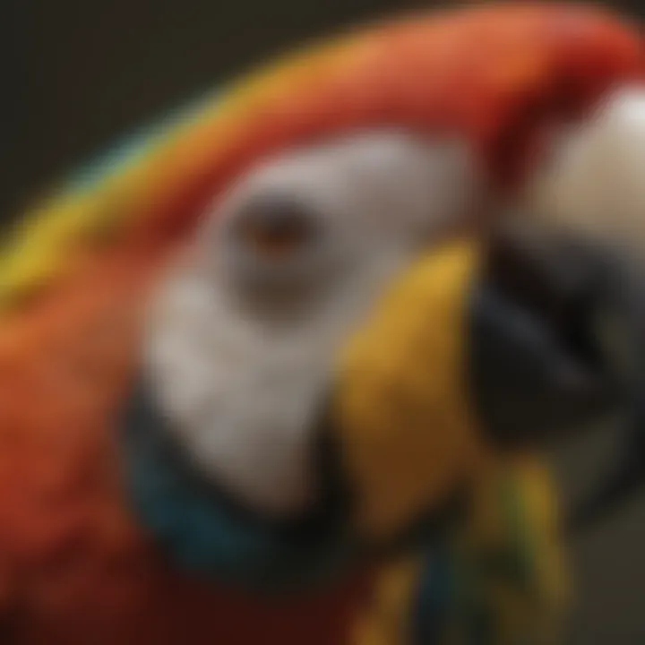 A close-up of a macaw's beak and feathers, showcasing its intricate patterns