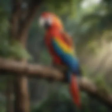 A vibrant macaw perched on a tree branch in its natural habitat