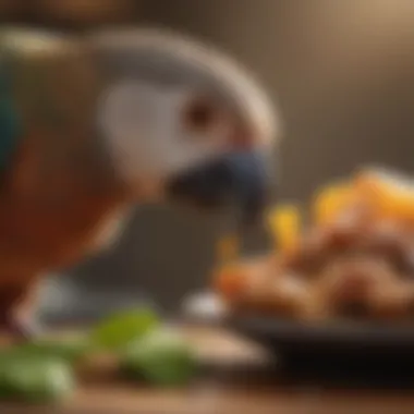 A pet bird enjoying a healthy meal, emphasizing the importance of nutrition in bird care.