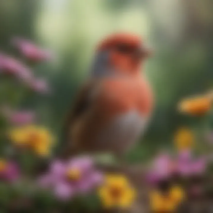 A finch in its natural habitat surrounded by colorful flowers and foliage.