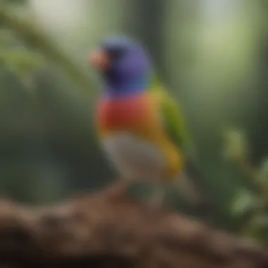 A Gouldian Finch perched on a branch in a natural habitat.