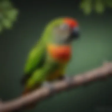 A vibrant green cheek conure perched on a branch