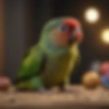 A playful green cheek conure interacting with toys