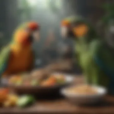 Different parrot species enjoying their meals