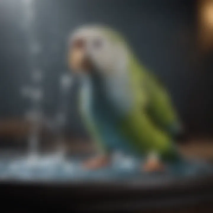 A parakeet happily splashing in a water dish