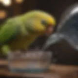 A vibrant parakeet drinking from a clean water dish